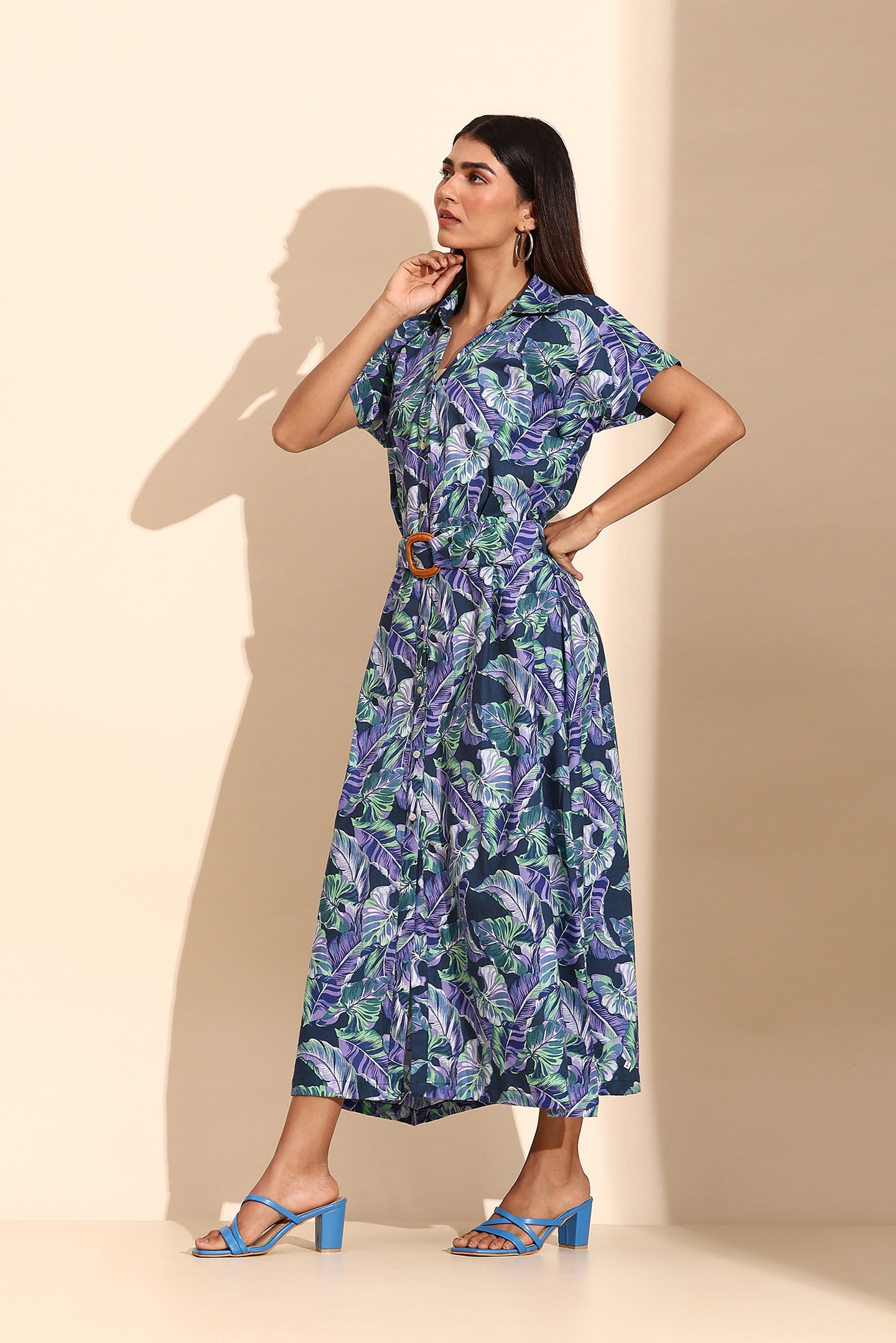 Tropical Bloom Belted Shirt Dress