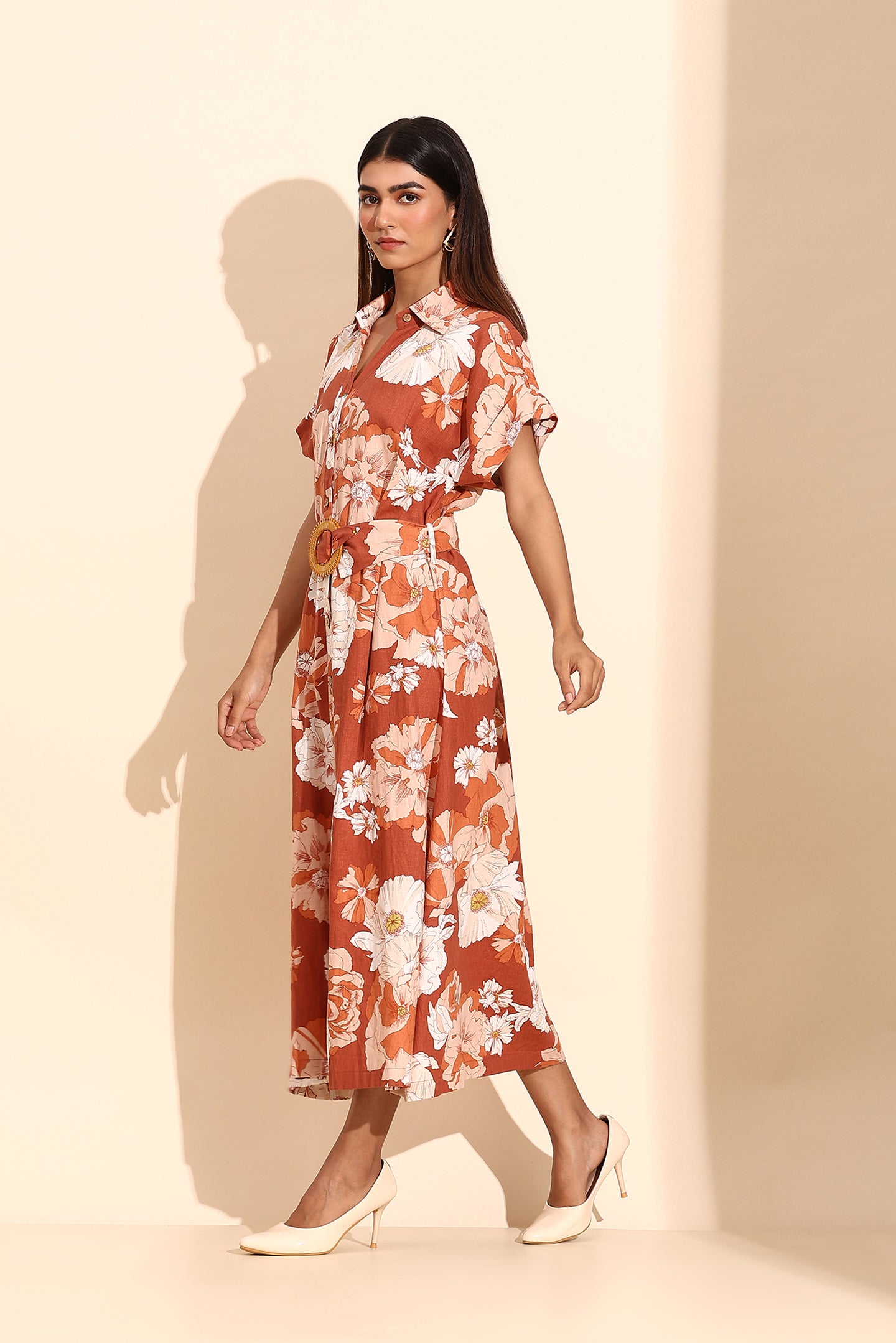 Earthy Floral Belted Shirt Dress