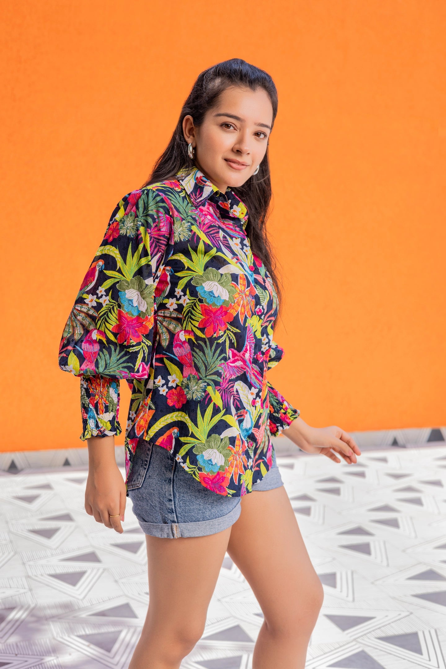 Vibrant Tropical Print Button Down Shirt