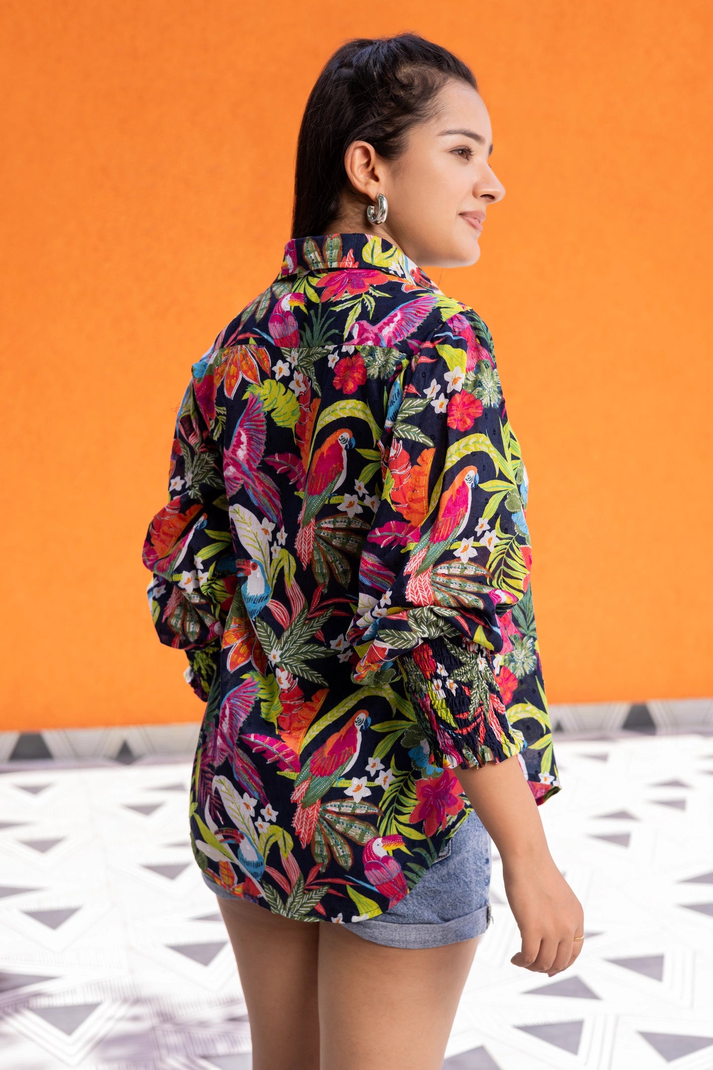 Vibrant Tropical Print Button Down Shirt