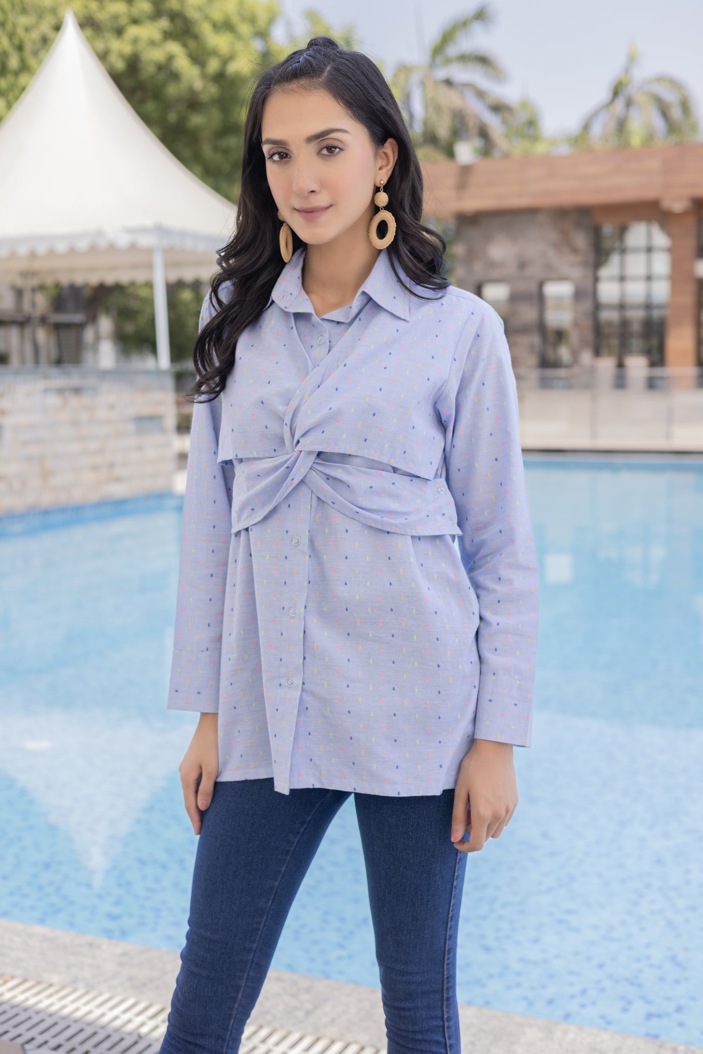 Blue Dobby Knot-Front Shirt