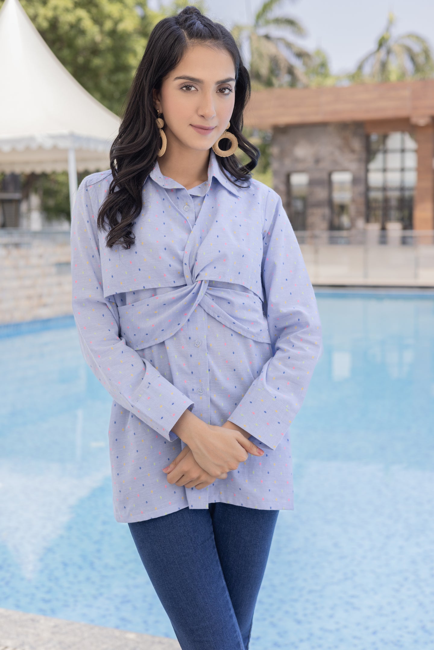 Blue Dobby Knot-Front Shirt