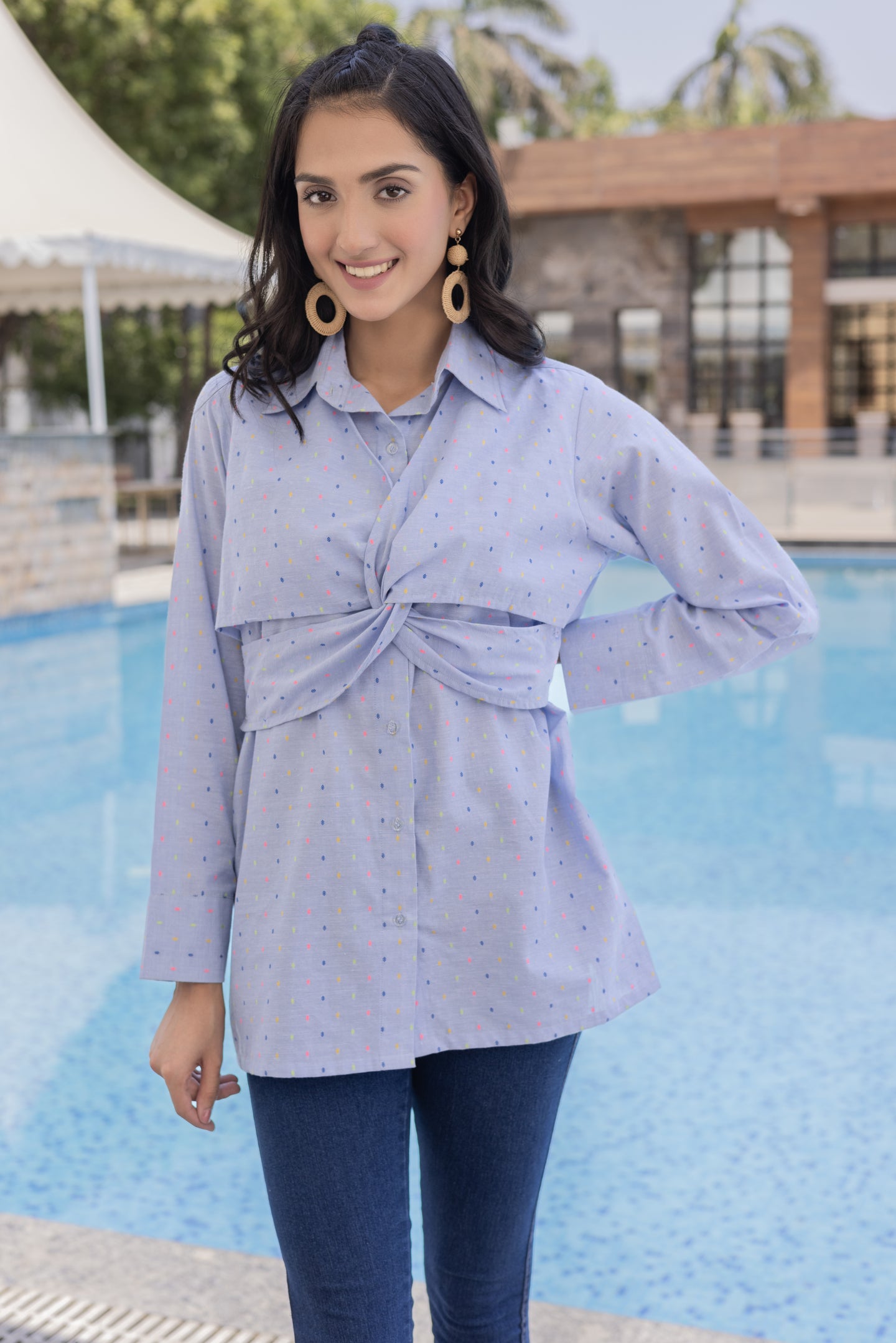 Blue Dobby Knot-Front Shirt