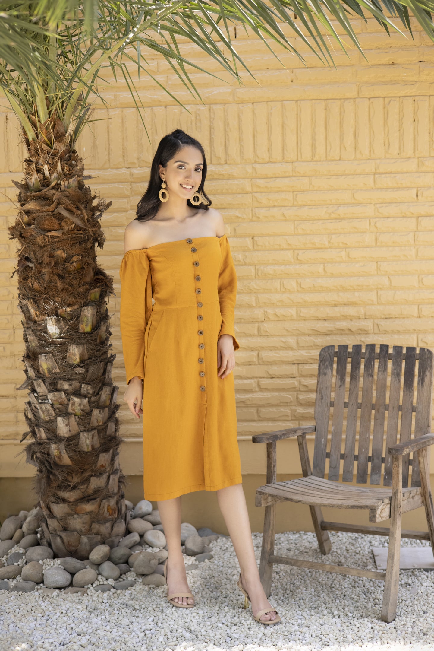 Mustard off shoulder Linen Dress