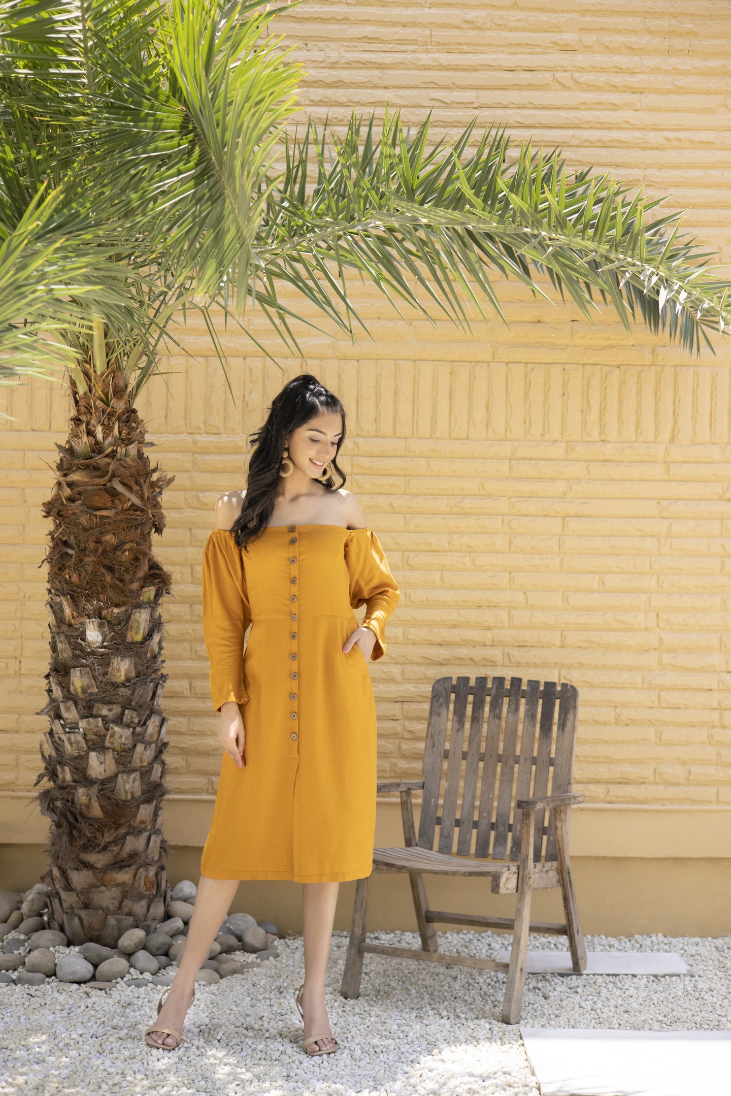 Mustard off shoulder Linen Dress