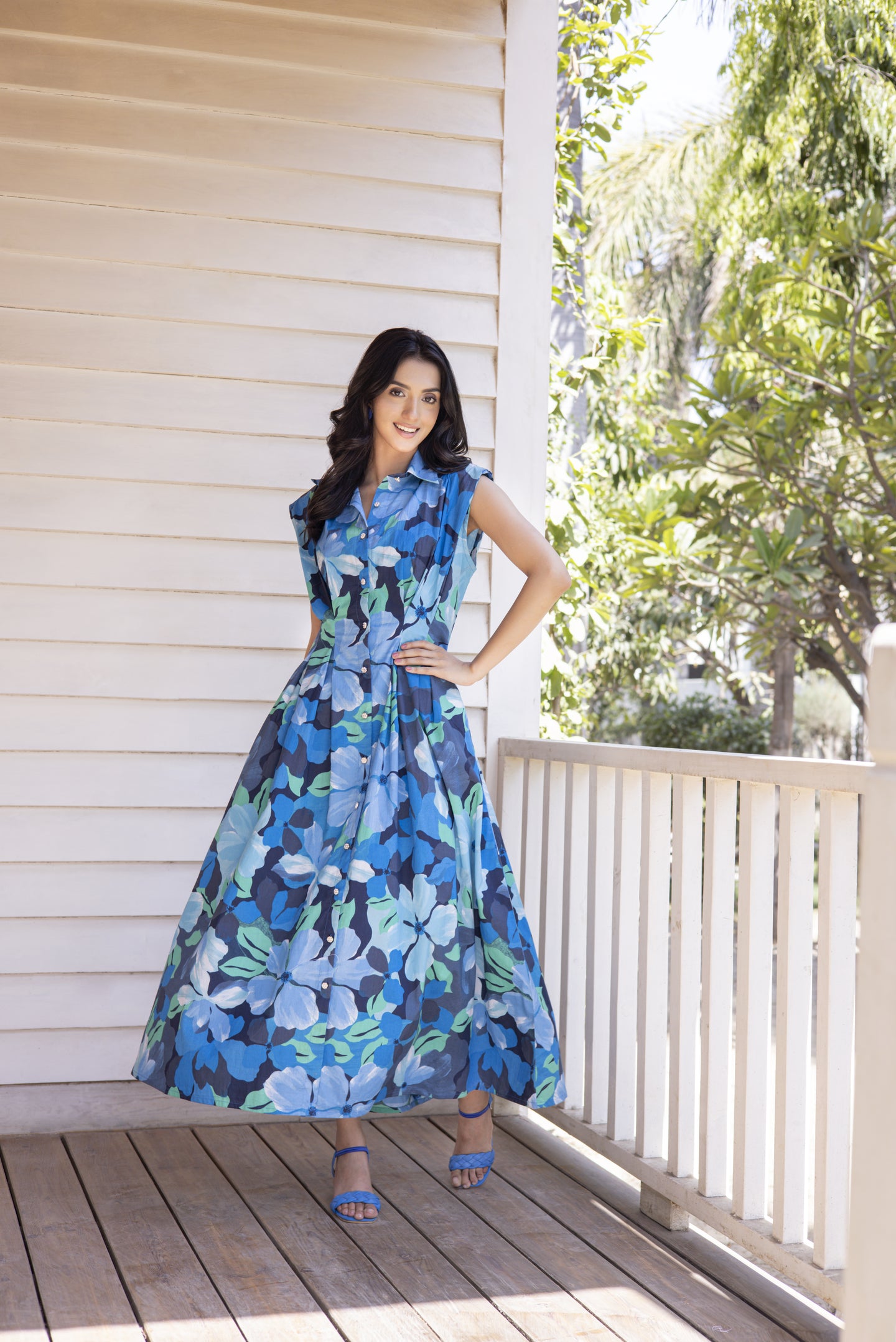 Blue Flora Pleated Long Dress