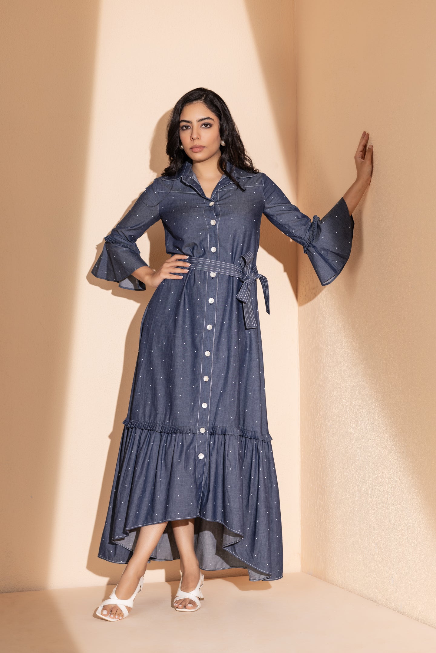 Elegant Denim Polka Dot Button Down Dress with Belt