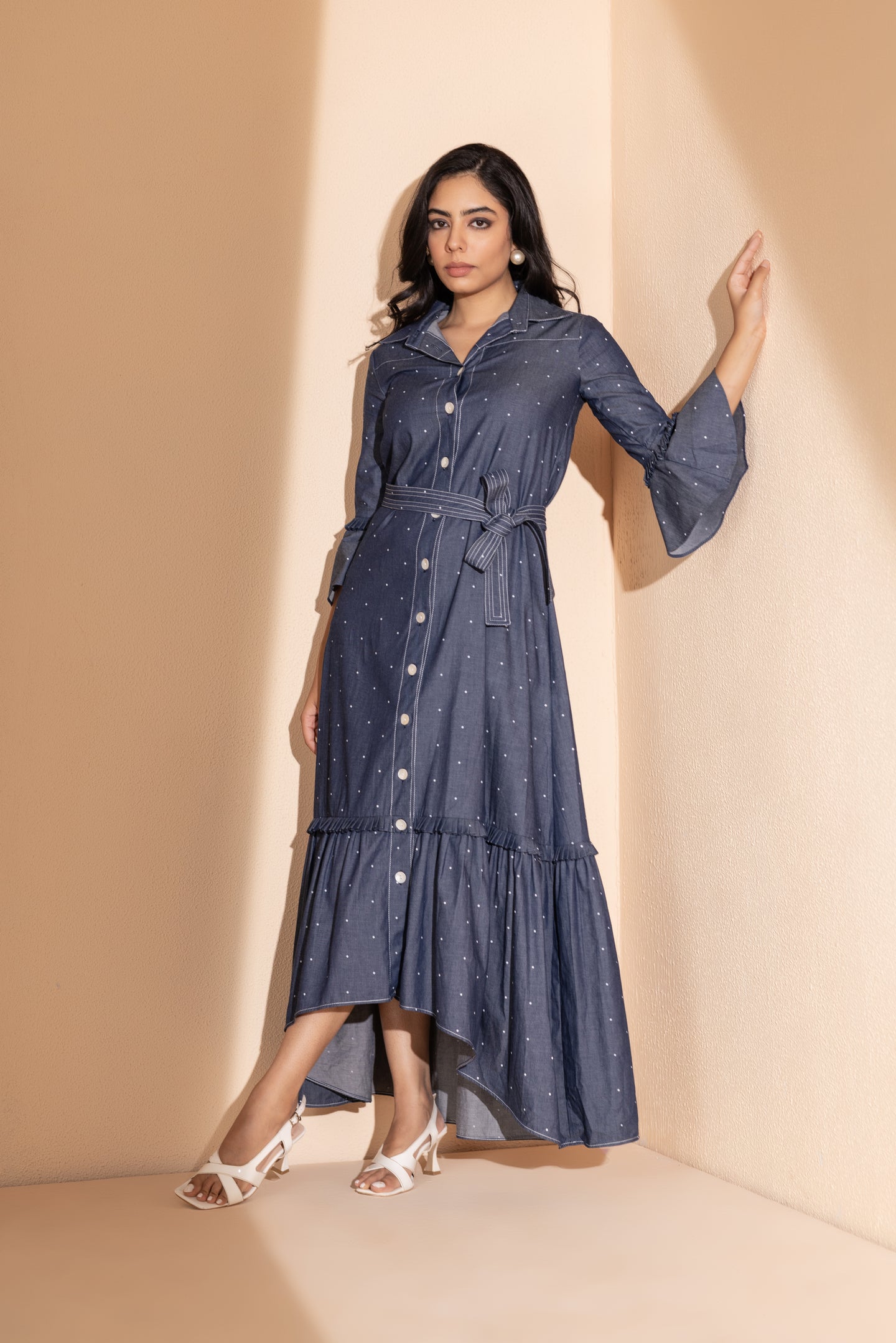 Elegant Denim Polka Dot Button Down Dress with Belt