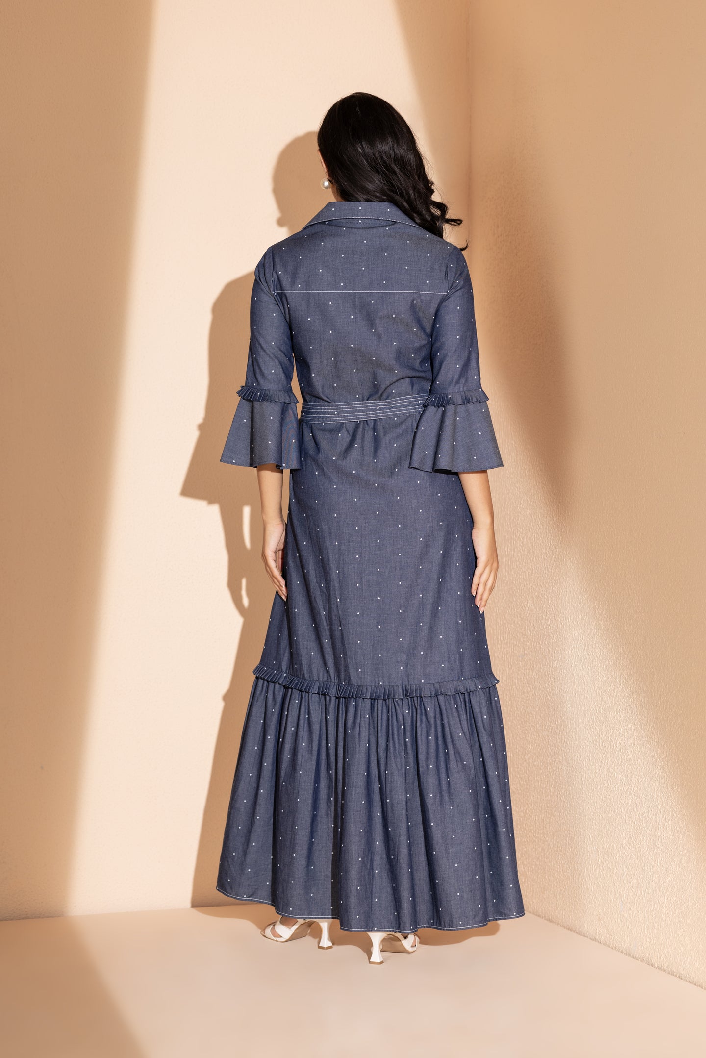 Elegant Denim Polka Dot Button Down Dress with Belt