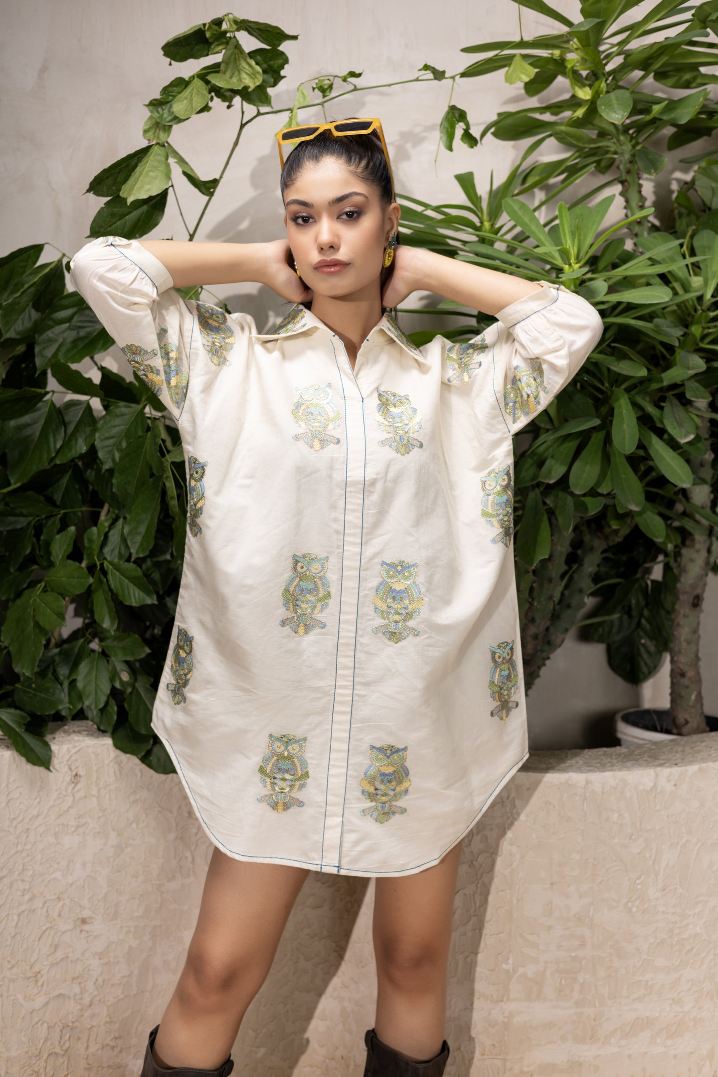 Owl Embroidered Oversized Shirt