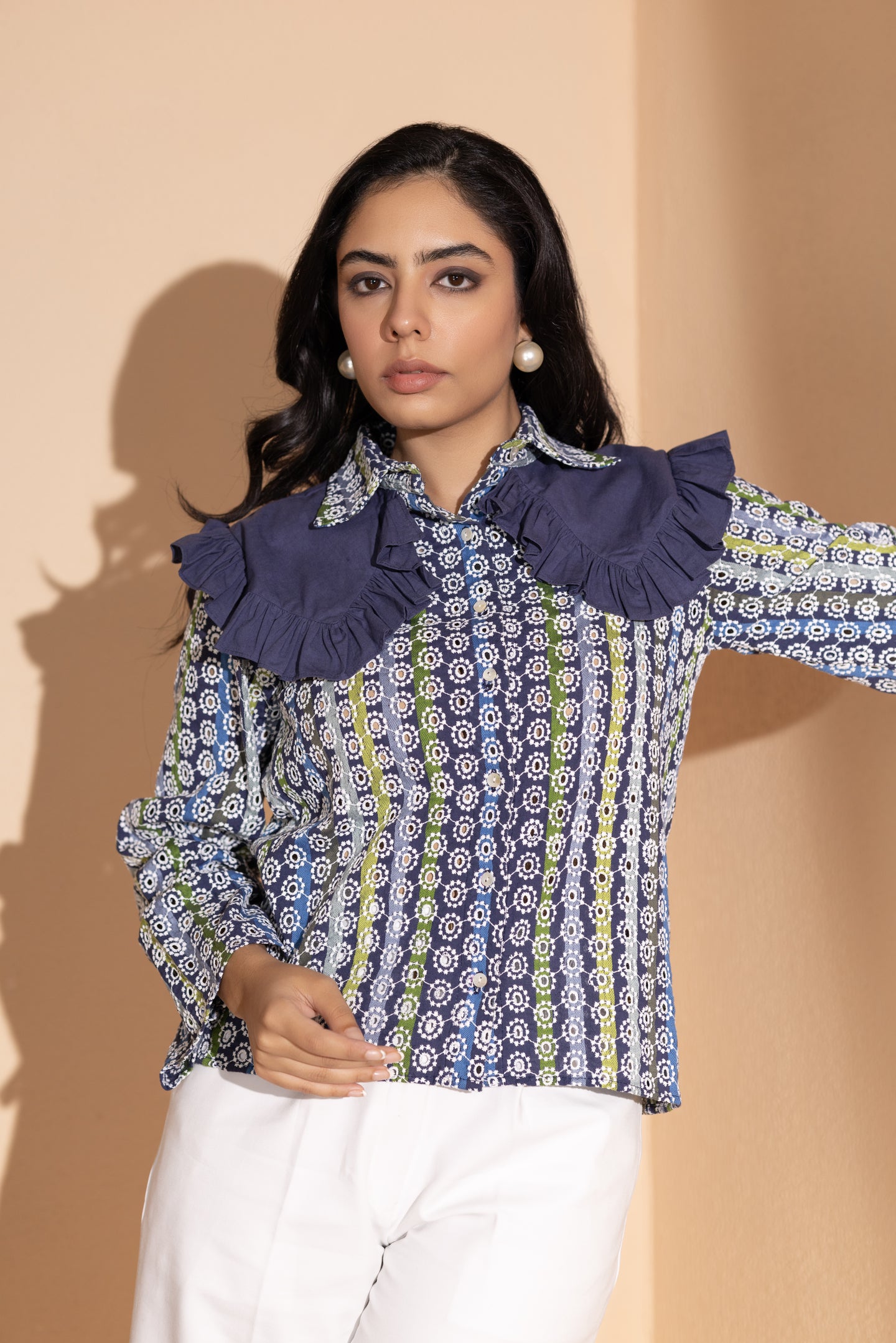 Ruffled Bloom Embroidered Shirt